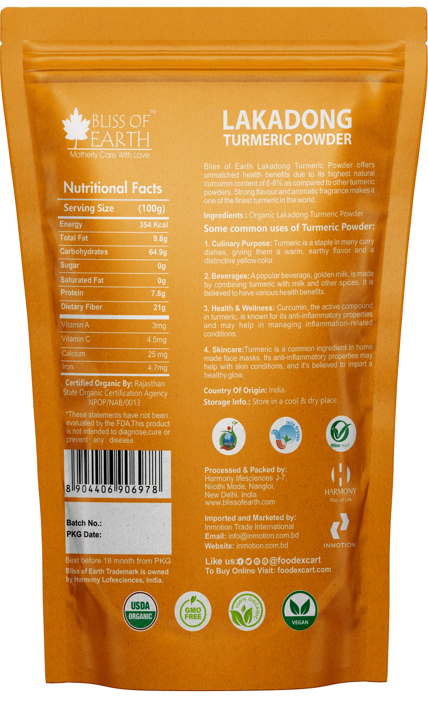 Bliss of Earth Lakadong Turmeric Powder (200gm) – 100% Organic & High Curcumin - Foodexcart