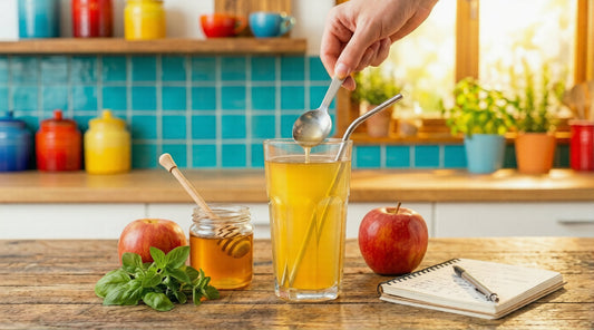 A hand pouring a spoonful of raw Organic Apple Cider Vinegar into a glass of water to dilute it for a health drink. The large jug showing the cloudy Mother a fresh red apple, and a metal straw are on a rustic wooden table in a sunlit, colorful kitchen