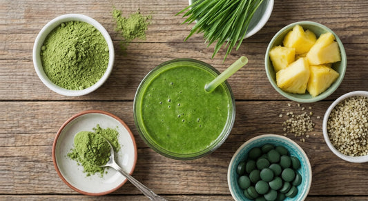 Naturya Organic Green Blend powder next to fresh spinach and a glass of green smoothie on a white table, displaying packaging with Wheatgrass and Spirulina ingredients.
