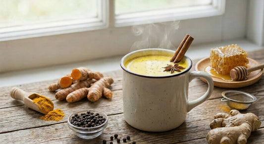 Steaming cup of delicious Golden Milk (Turmeric Tea) sweetened with organic honey, surrounded by fresh turmeric roots and cinnamon sticks on a cozy wooden table.
