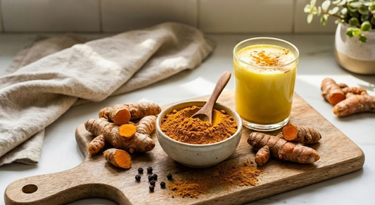 Warm cup of Golden Milk Haldi Doodh made with organic Lakadong turmeric powder garnished with cinnamon sticks and black pepper for maximum absorption displayed on a rustic wooden table
