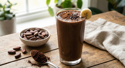A rich, dark chocolate smoothie made with organic cacao powder topped with cacao nibs and fresh mint, sitting next to a bowl of raw cacao powder on a marble kitchen counter.
