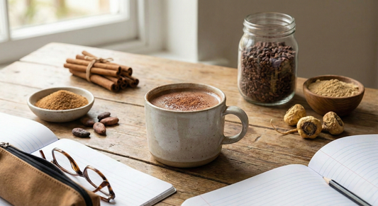A steaming mug of creamy organic hot chocolate sitting on a wooden study desk, surrounded by open school books, pencils, and scattered raw cacao nibs.