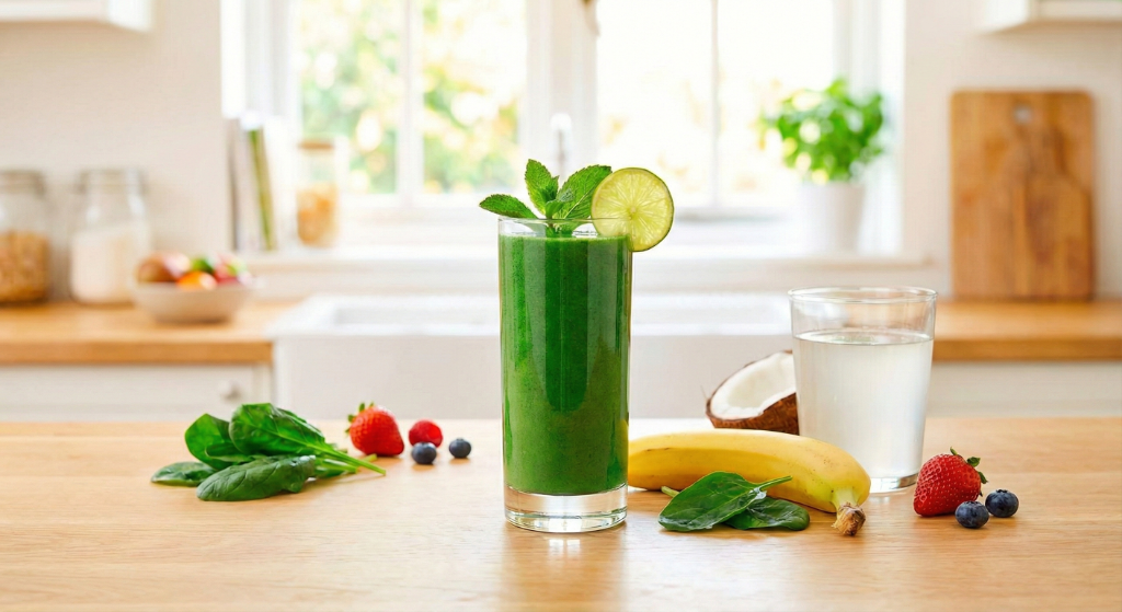 Vibrant green Spirulina smoothie in a glass surrounded by fresh, colorful tropical fruits like mango, pineapple, and lime on a bright wooden table.