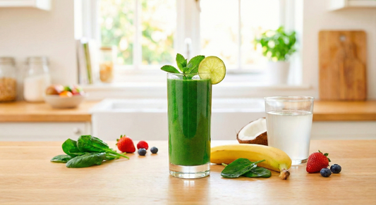 Vibrant green Spirulina smoothie in a glass surrounded by fresh, colorful tropical fruits like mango, pineapple, and lime on a bright wooden table.