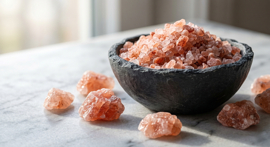 A textured dark stone bowl filled with coarse Himalayan pink salt crystals, resting on a white marble countertop with several larger, raw pink salt rocks scattered nearby in natural sunlight.