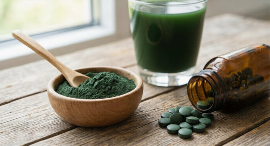 A rustic wooden table displaying a bowl of organic spirulina powder with a spoon and a glass of green juice, contrasted with an open amber medicine bottle spilling spirulina tablets.