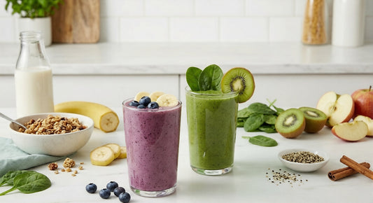 Two glasses of fresh vegan smoothies—one purple berry and one green detox blend—surrounded by natural ingredients like blueberries, spinach, kiwi, apples, cinnamon sticks, and a bowl of granola on a white kitchen counter.
