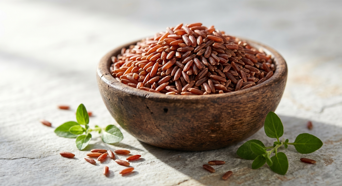A bowl of red rice lal chal 