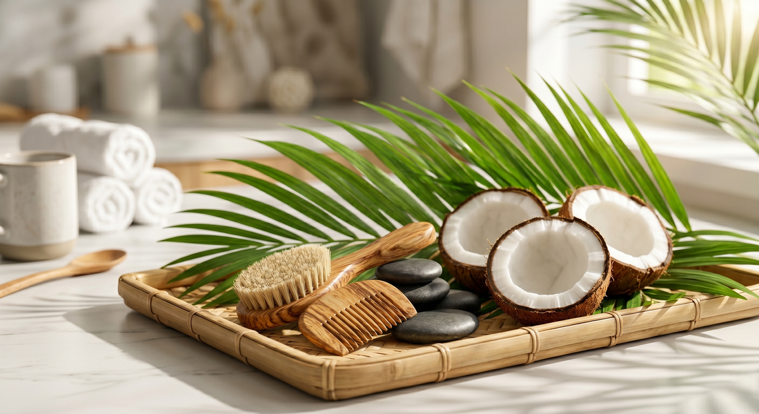 A woven bamboo tray holding halved fresh coconuts, a palm leaf, a wooden brush, a comb, and spa stones on a sunlit counter.