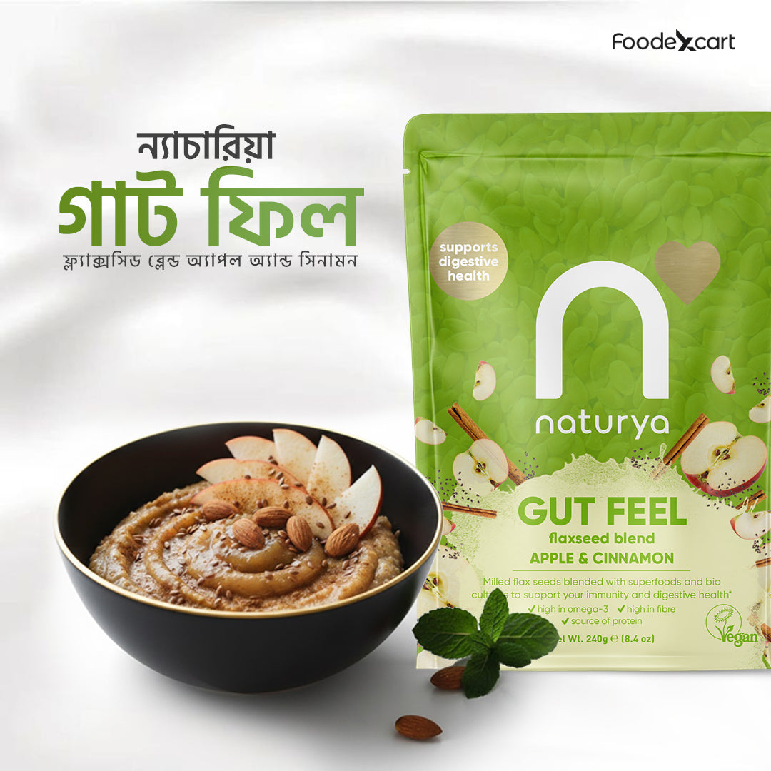 Naturya Gut Feel product packaging with a bowl of food on a white background
