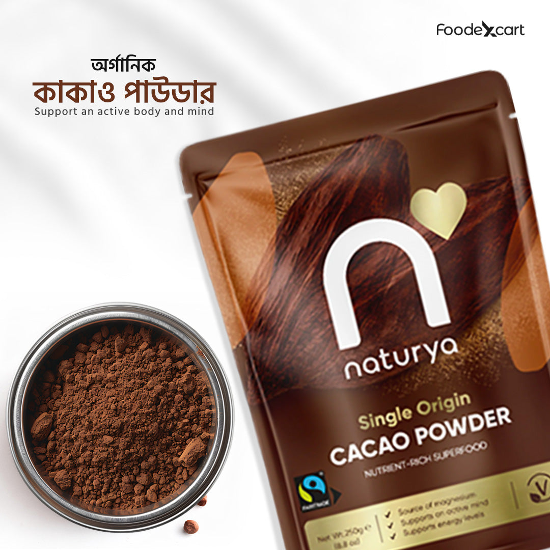 Naturya Single Origin Cacao Powder packaging with cocoa powder in a container on a white background
