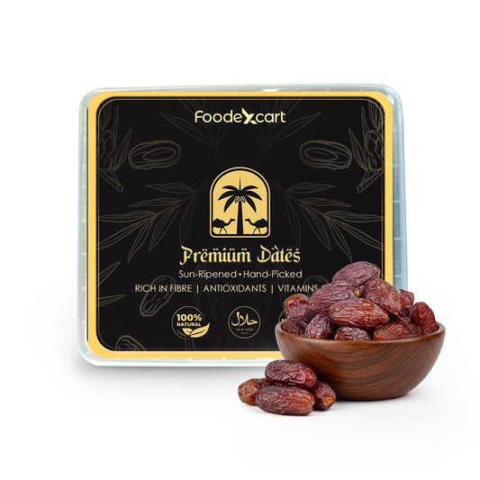 Foodexcart premium dates packaging with a bowl of dates on a white background