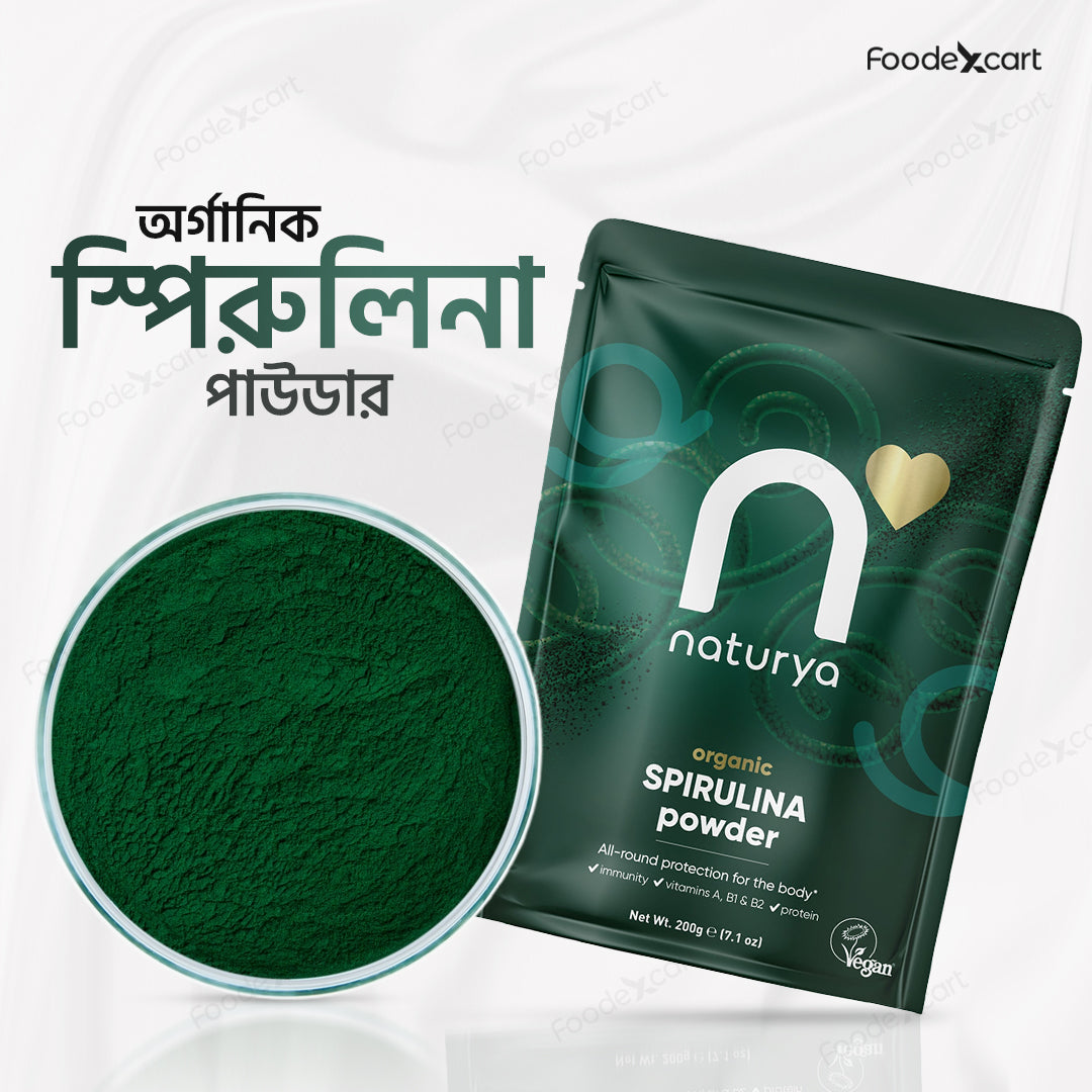 Naturya Spirulina powder packaging with green powder in a bowl on a white background