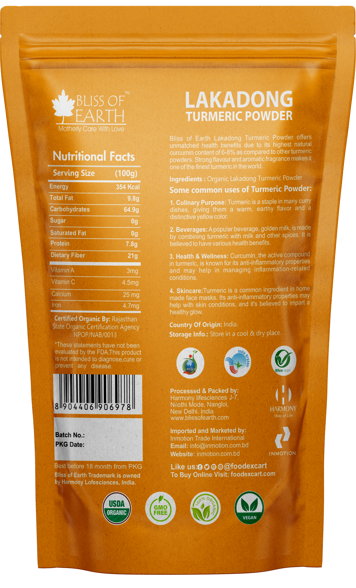 Bliss of Earth Lakadong Turmeric Powder (200gm) – 100% Organic & High Curcumin