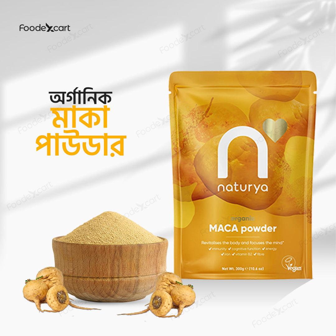 Naturya Maca powder packaging with a bowl of powder and maca roots on a white background.